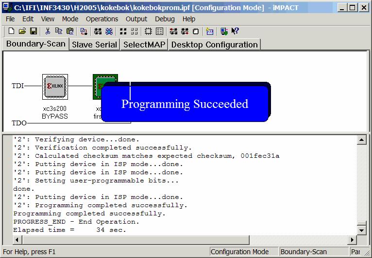 Figur 56 Forutsatt at jumperne M0, M1 og M2 er på og JP1 er satt til posisjonen Default vil FPGA-en laste inn konfigurasjonen fra PROM