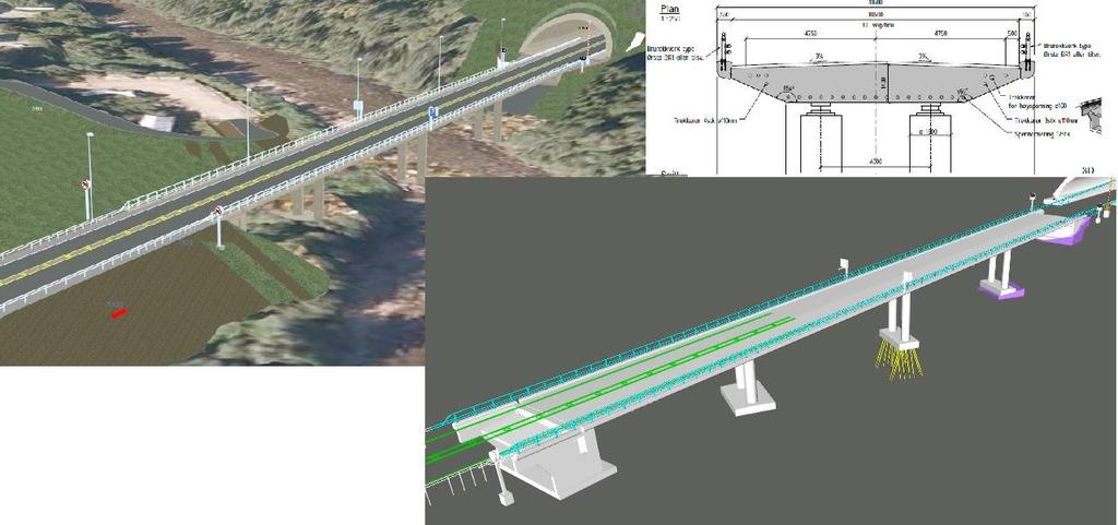 Soknedalbrua: 4 spenns spennarmert platebru for E6 med to felt, lengde 127 m Fundamentert på løsmasse akse 1 og 2.