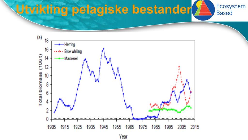 Vi skal først se på utviklingen i bestandsnivået til de viktigste matkonkurrentene: sild, makrell og kolmule.