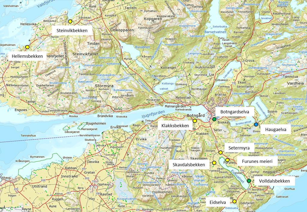 NIVA 7115-2017 Figur 4. Kart over prøvetakingslokalitetene i Bjugn kommune i Nordre Fosen vannområde september 2016.