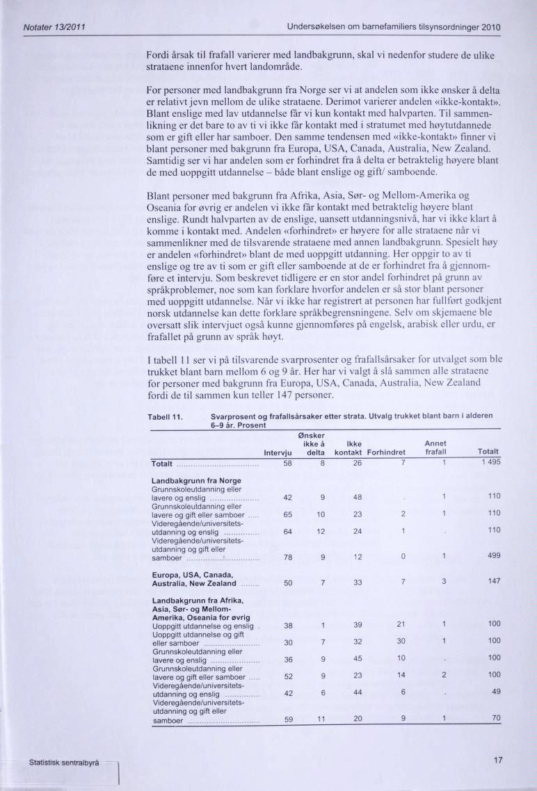 Notater 13/2011 Undersøkelsen om barnefamiliers tilsynsordninger 2010 Fordi årsak til fråfall varierer med landbakgrunn, skal vi nedenfor studere de ulike strataene innenfor hvert landområde.