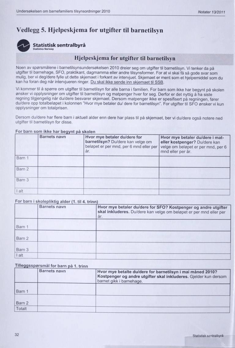 Undersøkelsen om barnefamiliers tilsynsordninger 2010 Notater 13/2011 Vedlegg 5.