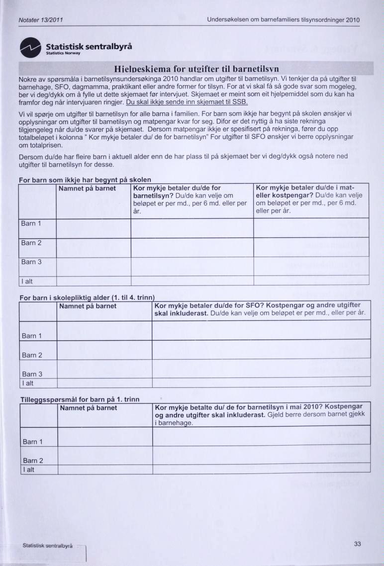 Notater 13/2011 Undersøkelsen om bamefamiliers tilsynsordninger 2010 & 2 Statistisk sentralbyrå Stotistics Norway Hieloeskiema for uteifter til barnetilsyn Nokre av spørsmåla i
