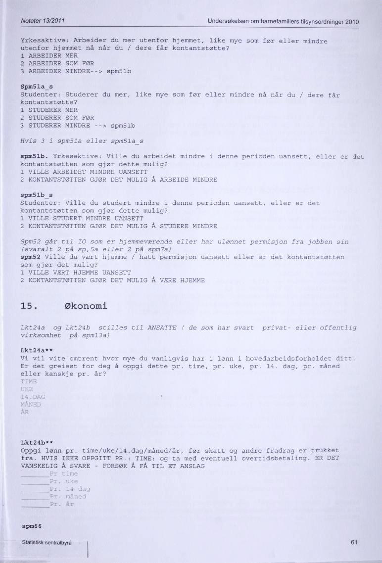 Notater 13/2011 Undersøkelsen om bamefamiliers tilsynsordninger 2010 Yrkesaktive: Arbeider du mer utenfor hjemmet, like mye som før eller mindre utenfor hjemmet nå når du / dere får kontantstøtte?