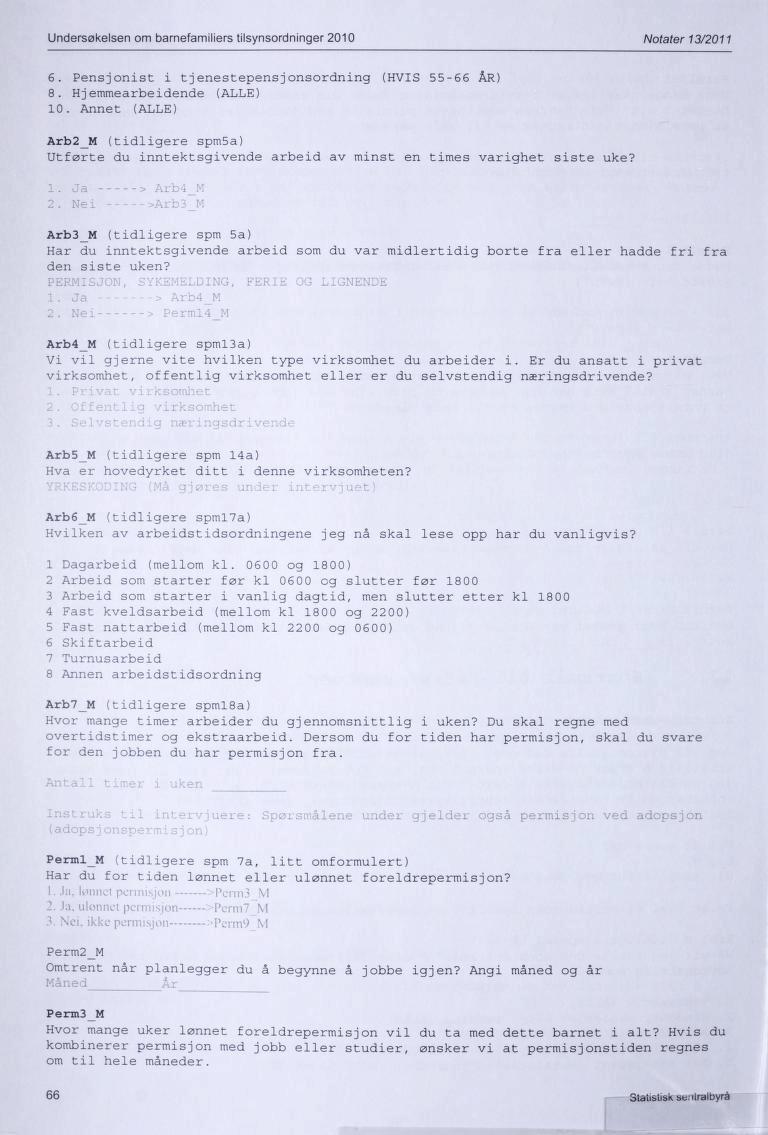 Undersøkelsen om barnefamiliers tilsynsordninger 2010 Notater 13/2011 6. Pensjonist i tjenestepensjonsordning (HVIS 55-66 ÅR) 8. Hjemmearbeidende (ALLE) 10.