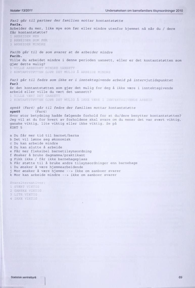 Notater 13/2011 Undersøkelsen om barnefamiliers titsynsordninger 2010 Far 2 går til partner der familien mottar kontantstøtte Far2a.