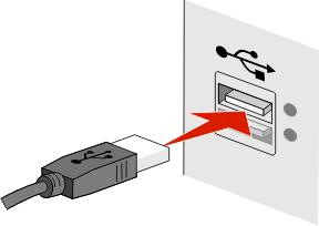 Hvordan kobler jeg til installeringskabelen? Installeringskabelen skal kobles til USB-porten på datamaskinen og til den kvadratiske kontakten på baksiden av skriveren.