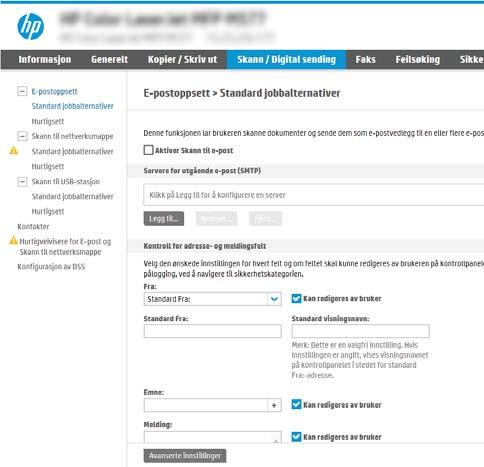 5. Klikk på Bruk. 6. Klikk på kategorien Skann / Digital sending. 7. På venstre navigeringsrute klikker du på E-postoppsett. 8. På siden E-postoppsett merker du av for Aktiver Send til e-post.
