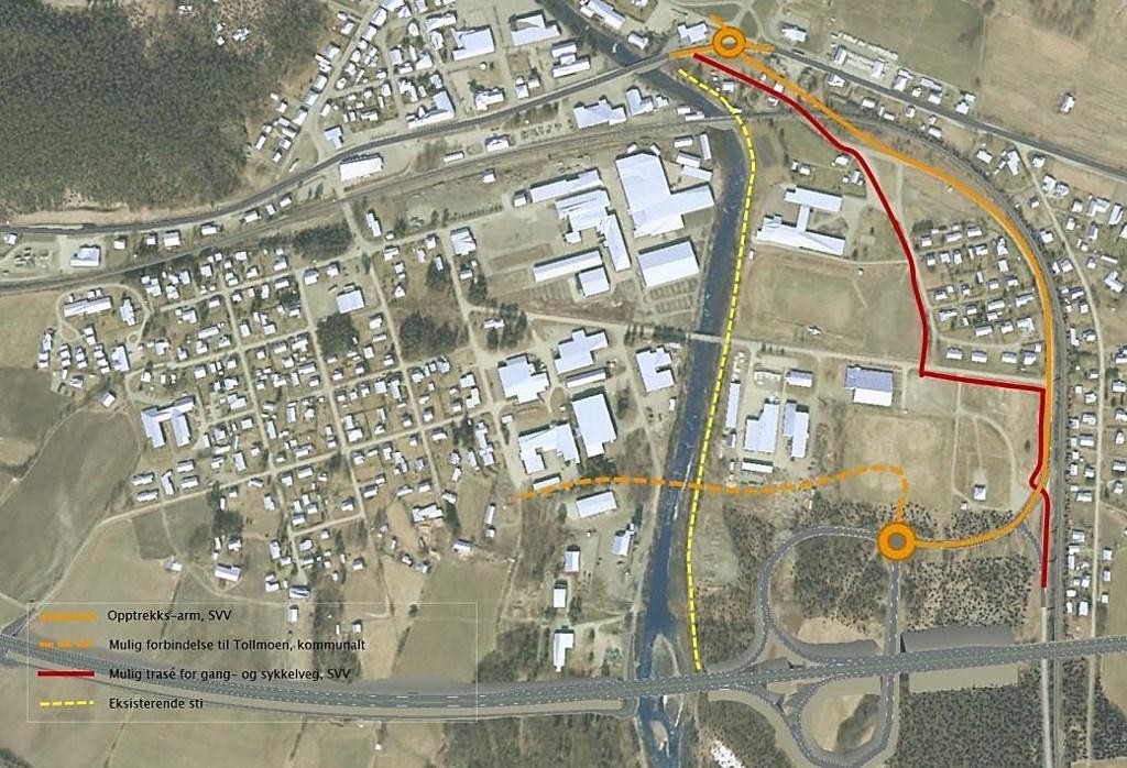 Figur 7. Østre alternativ 1c fra SVV Rådmannens vurdering Byformanalysen tilrår østre alternativ og SVV tilrår østre alternativ med alt. 1b som forbindelse til Tollmoen.
