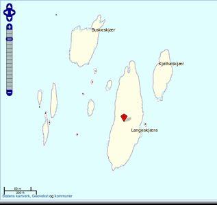 LANGESKJÆRENE Skildring av området Langeskjærene ligg sør for Galten, ytst i Grimestadbukta. Dette er meir ein holme enn ei øy, med om lag 10 daa areal totalt.