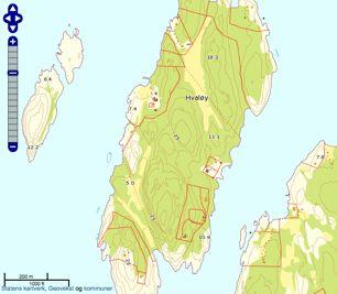 HVALØY Skildring av området Hvaløy er ei nydeleg øy som ligg lunt til i skjergarden. Store delar av øya er skogkledd, men har elles ein samansett vegetasjon.