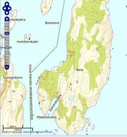 BURØ Skildring av området Burø er ei stor øy som ligg innanskjers mot Tjøme. Det er fleire fritidsbustadar på øya som tidlegare har hatt fast busetjing.