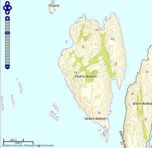 VESTRE BUSTEIN Skildring av området Vestre Bustein er ei toleg stor øy søraust for Ildverket. Mykje av arealet av øya er fjell og svaberg, og det som er av vegetasjon er skogkledd.