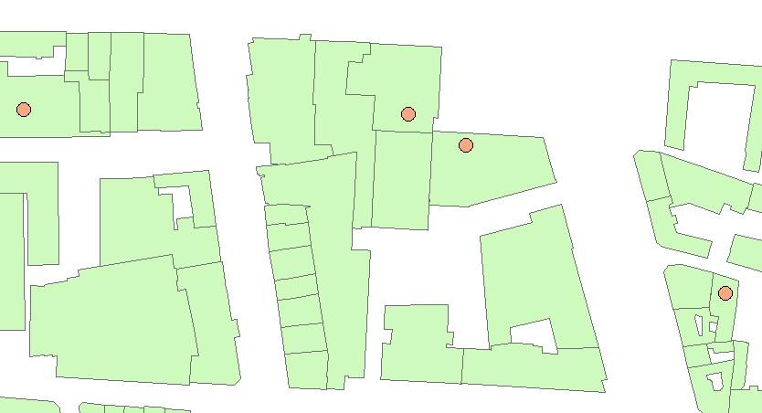 Figur 5: Destinasjonspunkter inne i bygninger Bygninger har en kostnad som er svært høy med 9999 sekund per meter, vist i tabell 2 på linjen Bygning, AnnenBygning.