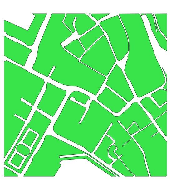 For eksempel vil linjer i traktorvegsti linje -laget vist i med et eksempel i Figur 8(a) buffres med 1 meter og gi et resulterende raster vist i Figur 8(b).