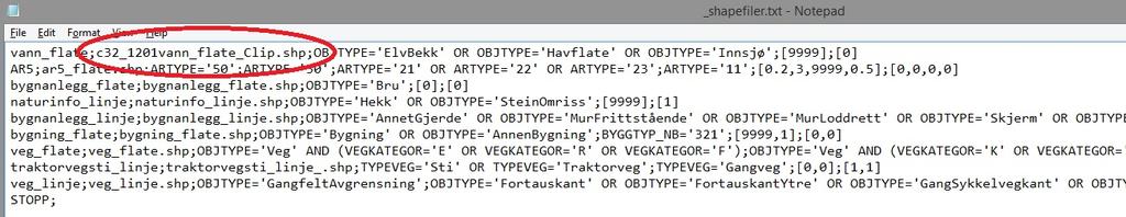 Figur 16: Vann flateshapet lagt til shapefiler -mappen. Figur 17 viser hvordan vi kan endre shapefilnavnet (se rød ellipse) i _shapefiler.txt for å vise til et annet filnavn for vannflateshape.