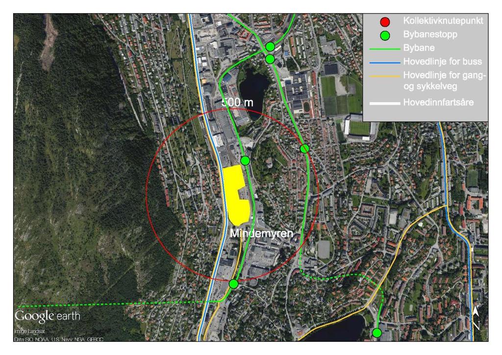 Figur 59 Oversikt over infrastruktur ved Mindemyren I området Mindemyren er det flere potensielle tomter for en byarena og det er innledningsvis gjort et grovt tomtesøk.