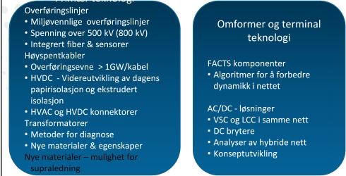 Teknologi områder og FoU mål Primær teknologi Overføringslinjer Miljøvennlige overføringslinjer Spenning over 500 kv (800 kv) Integrert