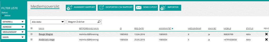 Medlemsoversikt med eksport-/importmuligheter En rekke filtere kan legges på etter behov for å begrense søket. Her ligger mulighet for masseimport fra excel (.xlsx eller.