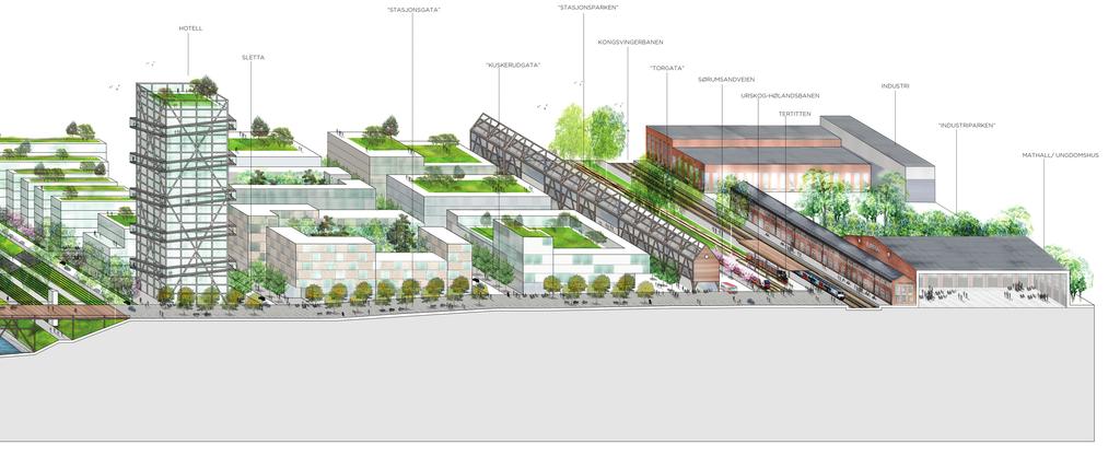 ELVEPROMENADE MED KONSERTAMFI, PIR, STUPETÅRN OG JETSTRÅLE AV VANN UTNYTTELSE I utnyttelsesberegningene har vi delt Sørumsand inn i tre delområder: Sørumsand sentrum (vest for «Tverrgata» og nord for