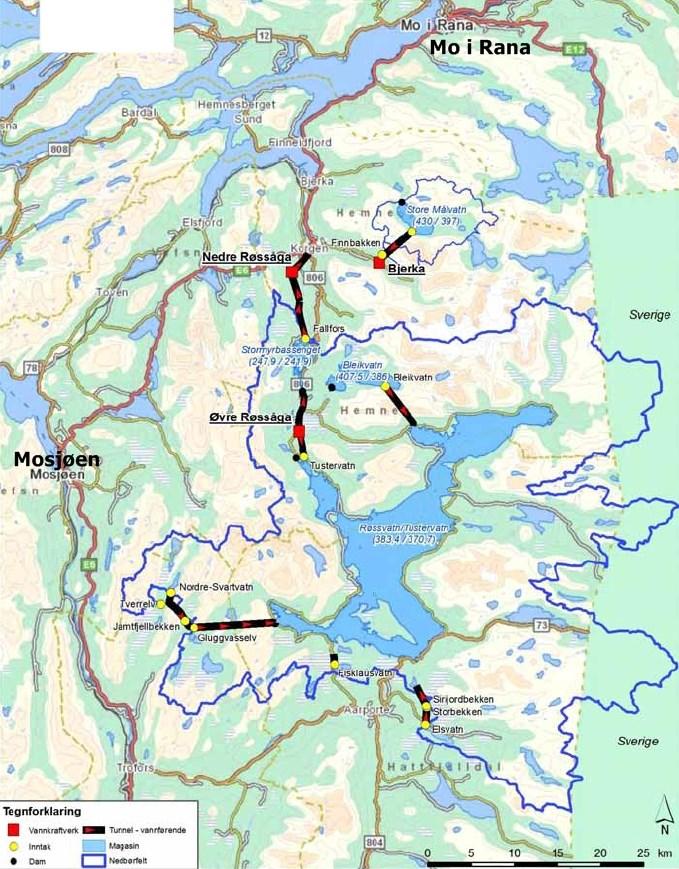 Figur 1 Røssågareguleringen med kraftverk, overføringer og magasiner (fra revisjonsdokument).