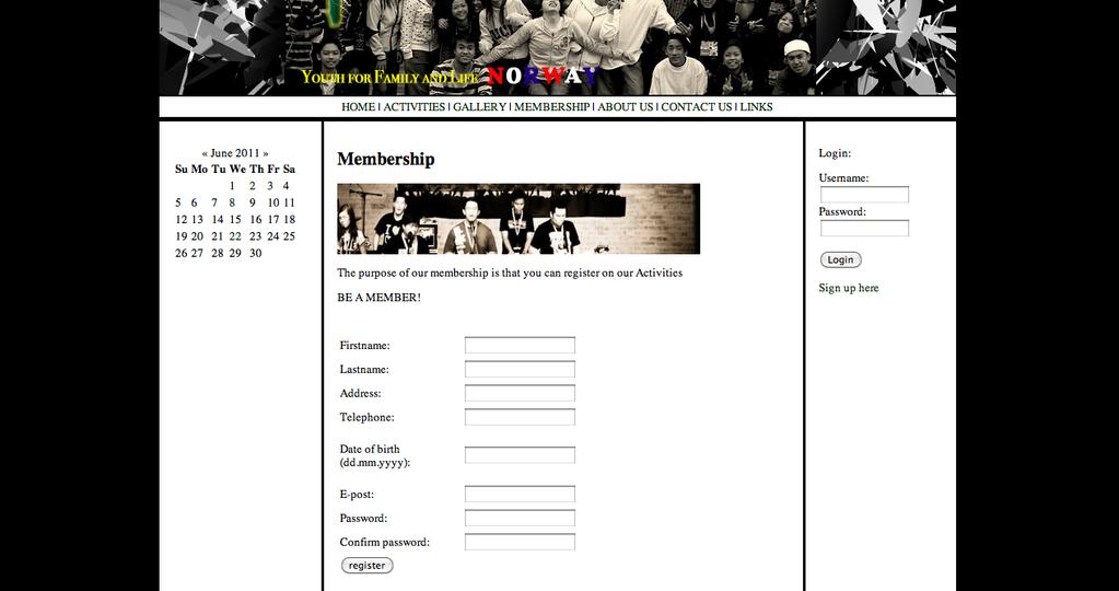 Implementasjon Websiden Her vil vise en utvalgt del av websiden. Membership: Her kan brukerne som ikke allerede er medlemmer registrere seg.