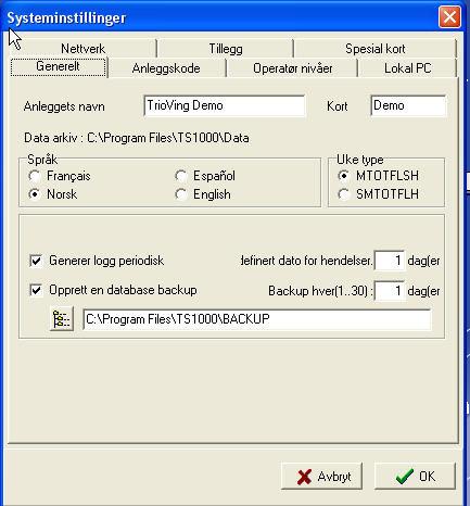 Sikkerhetskopiering Programmet tar automatisk sikkerhetskopi til den tid som er satt i menyen Innstillinger.