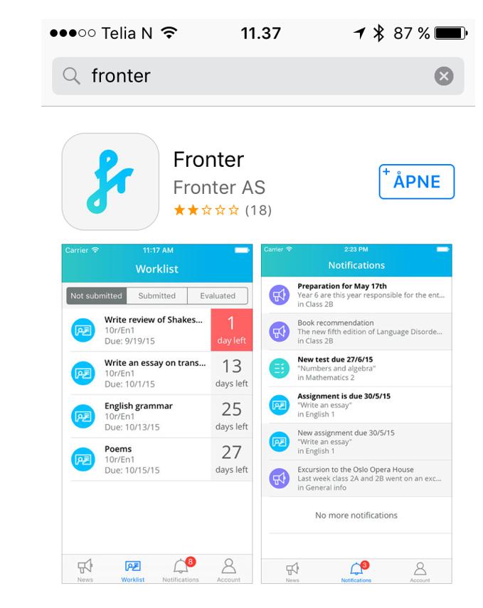 Fronter app Last ned appen fra App Store eller Google Play Logg