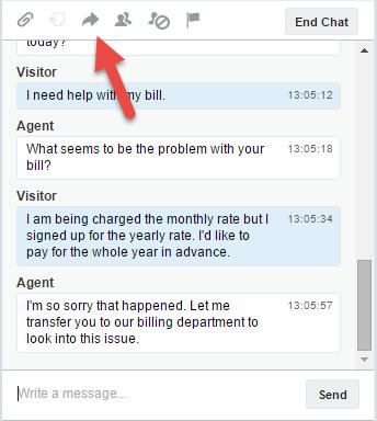 Chatte med kunder i Live Agent Overføre chatter Du kan overføre chatteøkter til andre agenter når en kunde trenger ekstra hjelp med et problem, eller for å gi plass til nye forespørsler. 1.