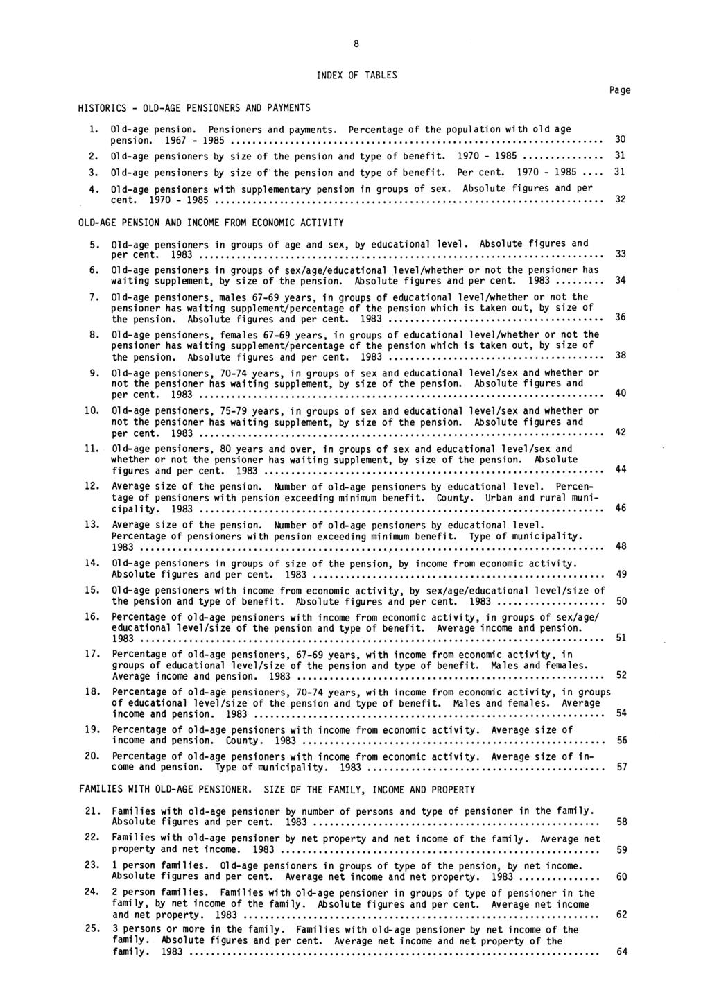 8 HISTORICS - OLD-AGE PENSIONERS AND PAYMENTS INDEX OF TABLES Page 1. Old-age pension. Pensioners and payments. Percentage of the population with old age pension. 1967-1985 30 2.