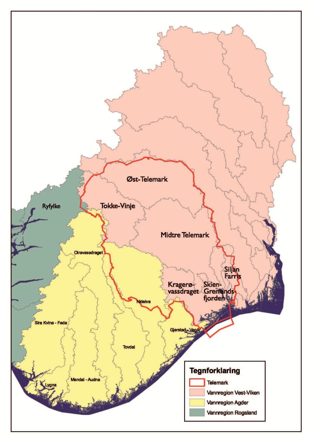 Telemark i 3 vannregioner: Vest-Viken Agder Rogaland