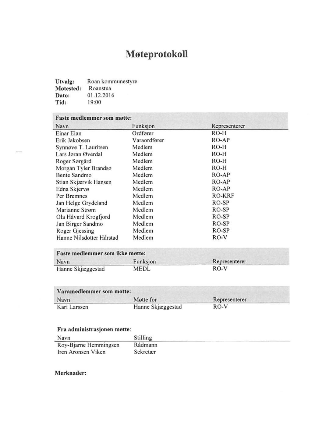 Møteprotokoll Utvalg: Roan kommunestyre Møtested: Roanstua Dato: 01.12.2016 Tid: 19:00 Faste medlemmer som møtte: Navn Funks.