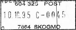 D2 Type: DNE Utsendt?? 604 330 POST 7864 SKOGMO Inns.?? Stempel nr. D3 Type: DNE Utsendt?? LITRA C 7864 SKOGMO Inns.?? Registrert brukt 10.10.95 HLO Stempel nr.