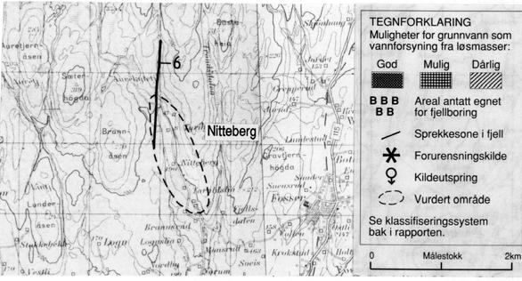 NITTEBERG Vannbehovet er anslått til ca 0,25 l/s, og kan med stor sannsynlighet dekkes med en gunstig plassert borebrønn i gneisen som ut fra bergrunnskart OSLO 1:250 000, dominerer i området (fig.4).