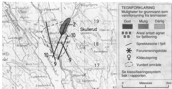 SKULLERUD Vannbehovet er anslått til ca 0,5 l/s. hetene for å dekke vannforsyningen ved fjellboringer er tilstede. Berggrunnskartet (Rødenes 2014-3) viser glimmergneis i det aktuelle området.