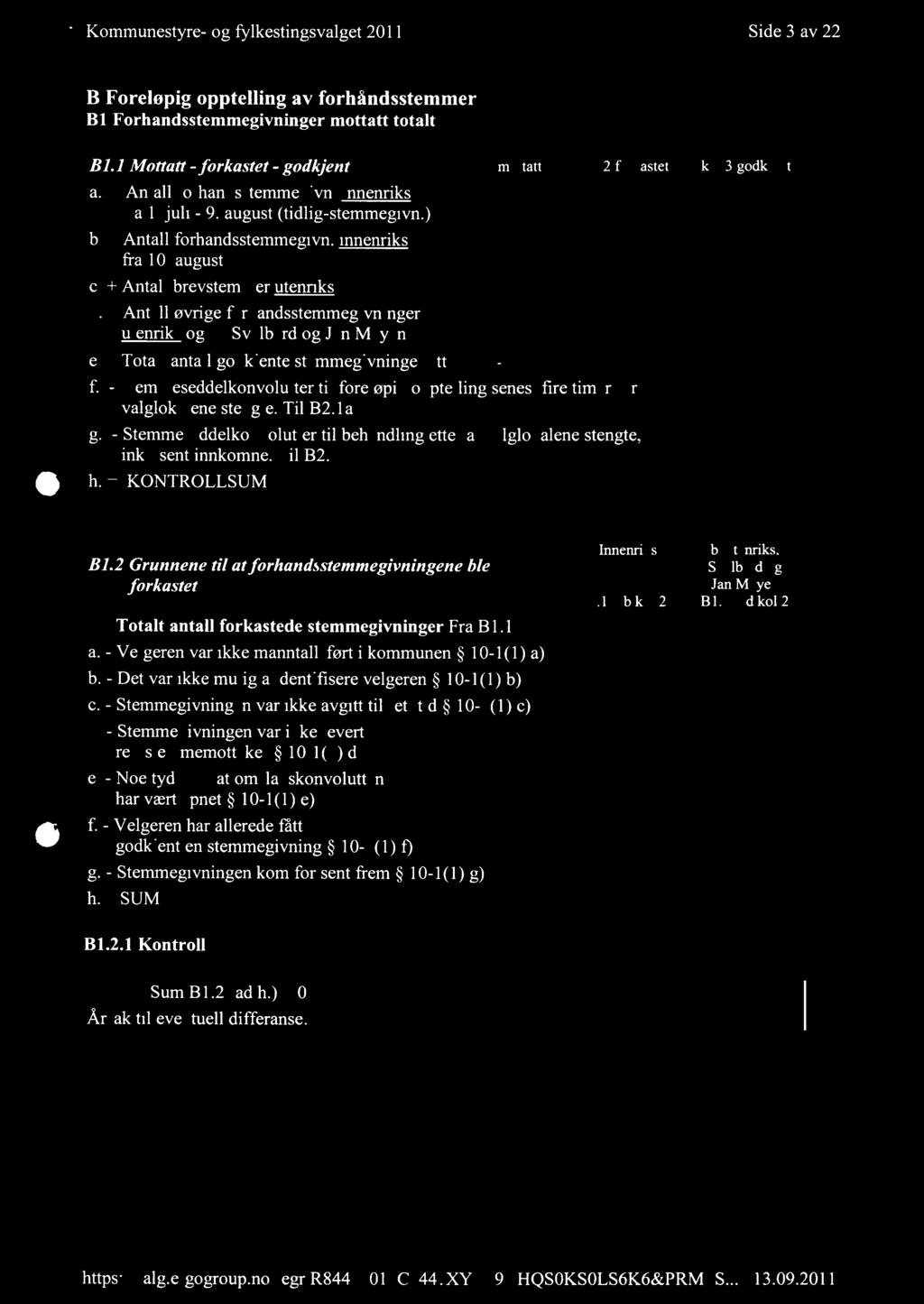 Kommunestyre- og fylkestingsvalget 2011 Side 3 av 22 B Forelopig opptelling av forhåndsstemmer B1 Forhåndsstemmegivninger mottatt totalt B1.