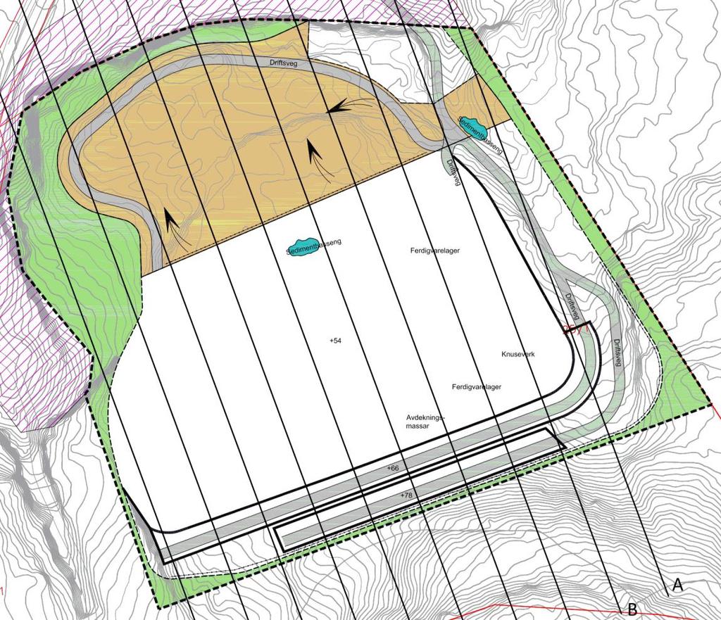 3 Forutsetninger og metode Uttaksområdet Uttaksområdet er ca. 200 m x 200 m. Uttaksområdet har stigende terreng fra nord (laveste punkt ca. kote 42) mot sør (høyeste punkt ca. kote 84).