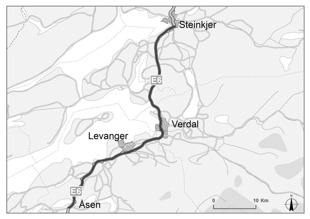 Figur 3: Eksisterende E6-trase (kilde: Statens vegvesen) Levanger kommune Formannskapet 26.04.17 - Sakliste 5.