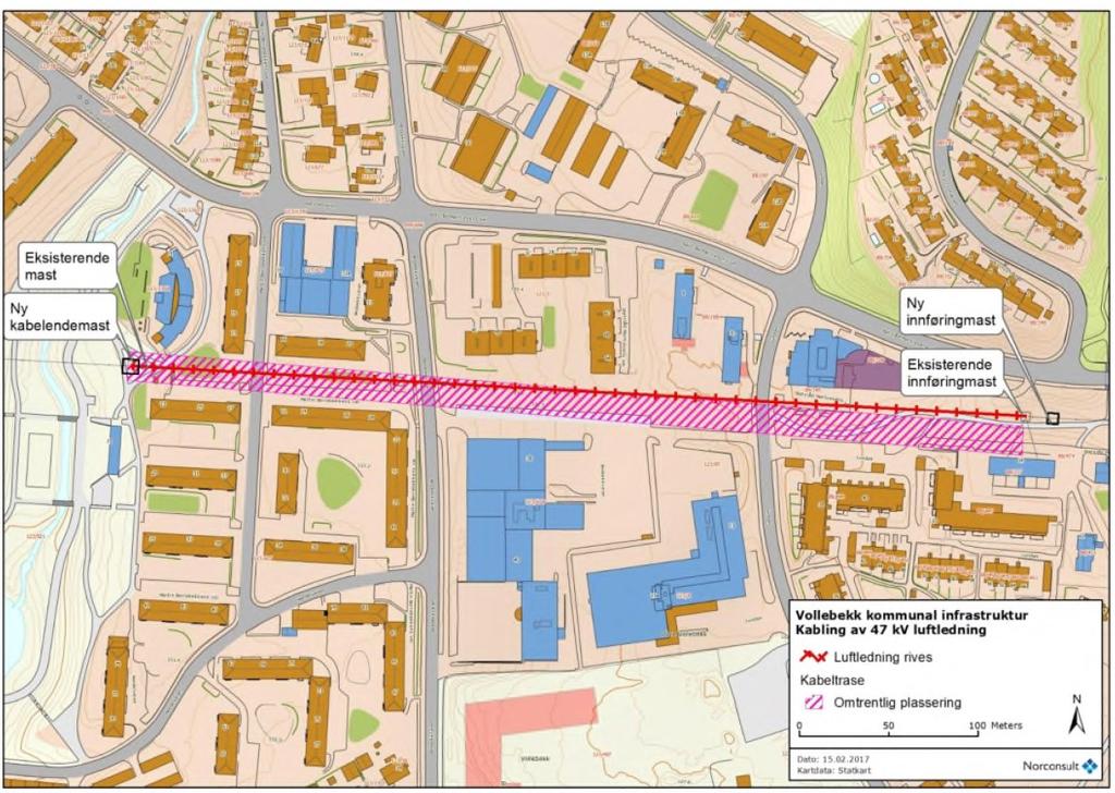 Side 2 Figur 1: Omsøkt trasé for ny jordkabel mellom Linderud transformatorstasjon og Bjerkedalen. NVEs behandling av søknaden NVE sendte søknaden på høring den 15.2.2017, med frist for uttalelse den 17.