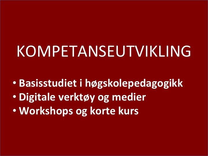 Kompetanseutvikling For den aktuelle strategiperioden vil kursporteføljen i særlig grad legge vekt på pedagogisk bruk av digitale verktøy som følger opp virksomhetsmål om «å utvikle pedagogiske