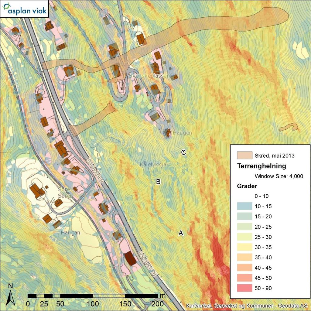 Aurdal, skredfarevurdering 17 Figur 7 Skredhendelser registrert 22. og 23. mai 2013, samt terrenghelning beregnet ut fra koter med 1 m ekvidistanse.