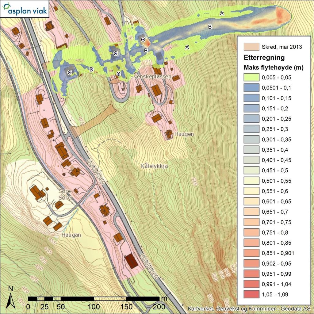 Aurdal, skredfarevurdering 24 Figur 9 Etterregning av skadeskredet 22. mai 2013.