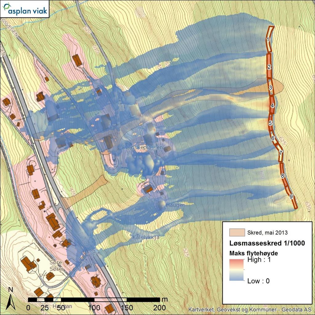 Aurdal, skredfarevurdering 27 Figur 11 Beregnet utbredelse av løsmasseskred utløst fra de aktuelle områdene i åkerreina med årlig sannsynlighet på 1/1000. 4.3 