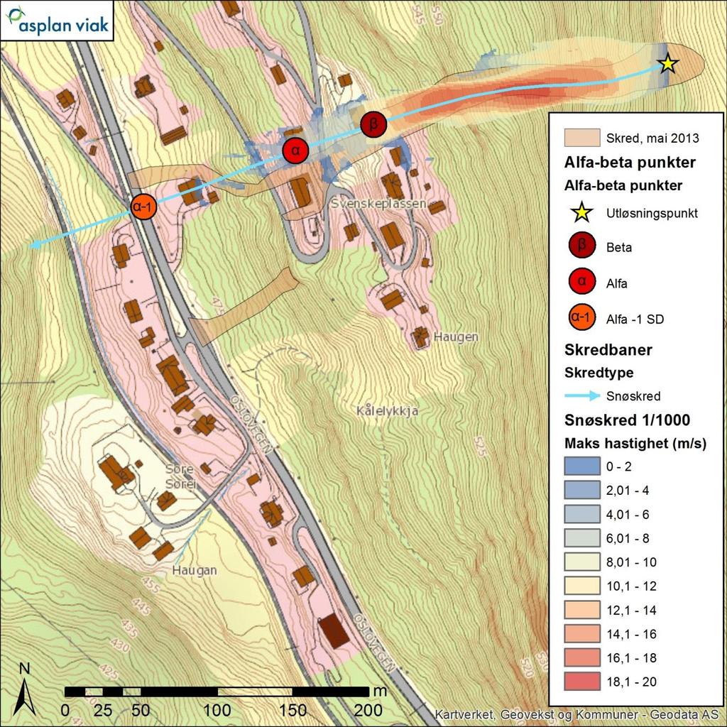 Aurdal, skredfarevurdering 30 Figur 13 Beregnet maksimal hastighet av dimensjonerende snøskred med årlig sannsynlighet på 1/1000. Beregning med alfa-beta modellen langs skredbanen er også vist. 4.