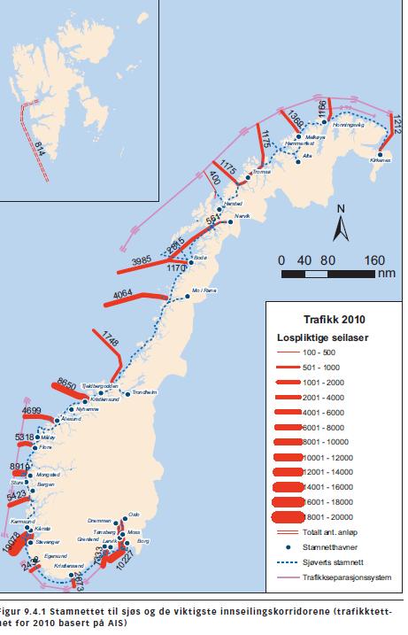 14 Figuren nedenfor illustrerer antallet lospliktige seilaser langs kysten i 2010: Kilde: Transportetatene: Forslag til nasjonal transportplan 2014-2023, februar 2012.