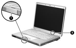 Komponenter på skjermen Komponent Beskrivelse (1) Skjermutløser Åpner datamaskinen. (2) Intern skjermbryter Starter ventemodus hvis skjermen lukkes mens maskinen er slått på.