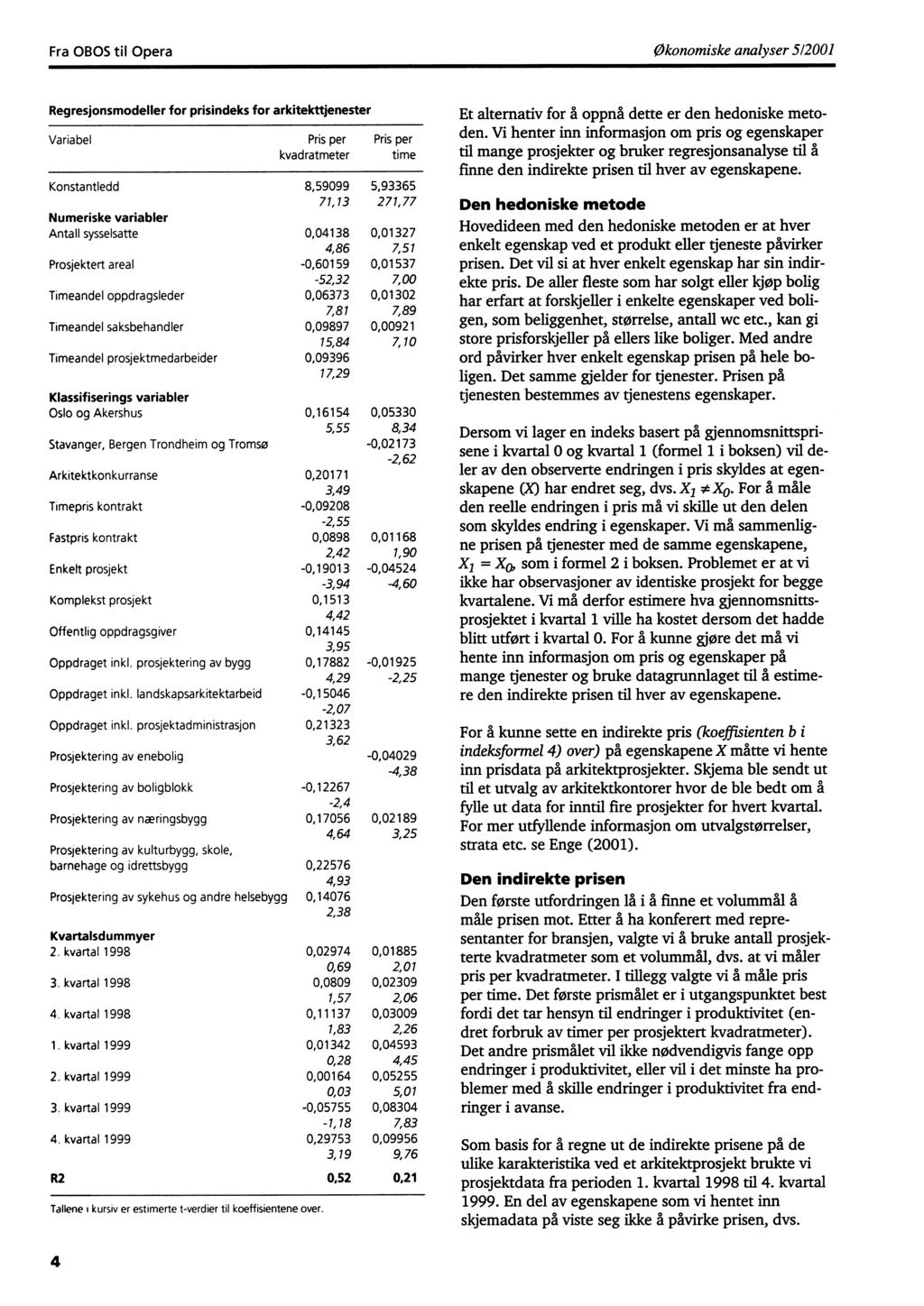 Fra OBOS til OperaØkonomiske analyser 512001 Regresjonsmodeller for prisindeks for arkitekttjenester Variabel Konstantledd 71,13 271,77 Numeriske variabler Antall sysselsatte Prosjektert areal