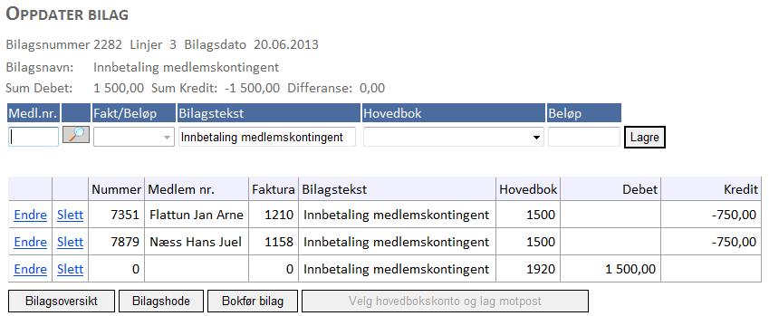 Du må så velge Hovedbokskonto (her valgt 1920) og trykk på Som det fremgår kommer beløpet automatisk opp og bilaget går i 0, og du kan nå trykke eller Se neste kapittel for videre behandling, og