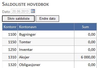 16 Saldoliste Når man er ferdig å bokføre en periode må saldoliste skrives ut og legges sammen med regnskapet.