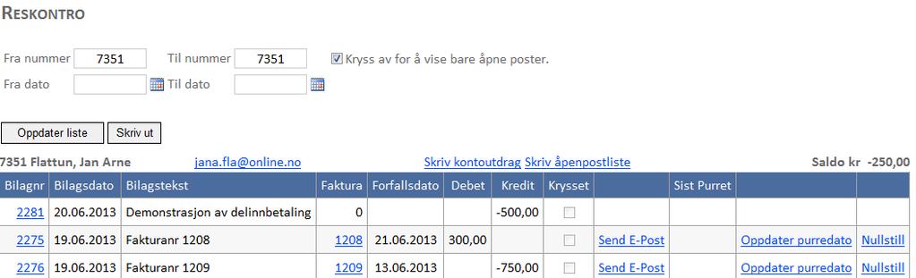 17.2.7 Skriv ut kontoutdrag fra reskontro får du vist alle inn/utbetalinger for medlemmet. ++++ alle inn/utbetalinger. Denne kan da lagres på PC eller skrives ut og sendes medlemmet. 17.2.8 Skriv ut åpenpostliste fra reskontro får du alle åpne poster for medlemmet.